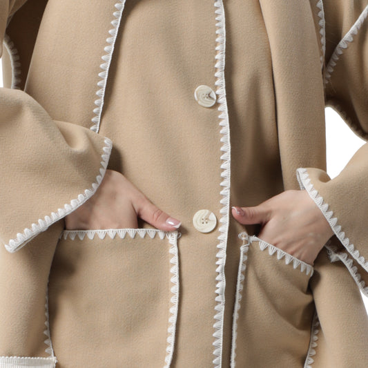 Fringe Scarf Coat Beige