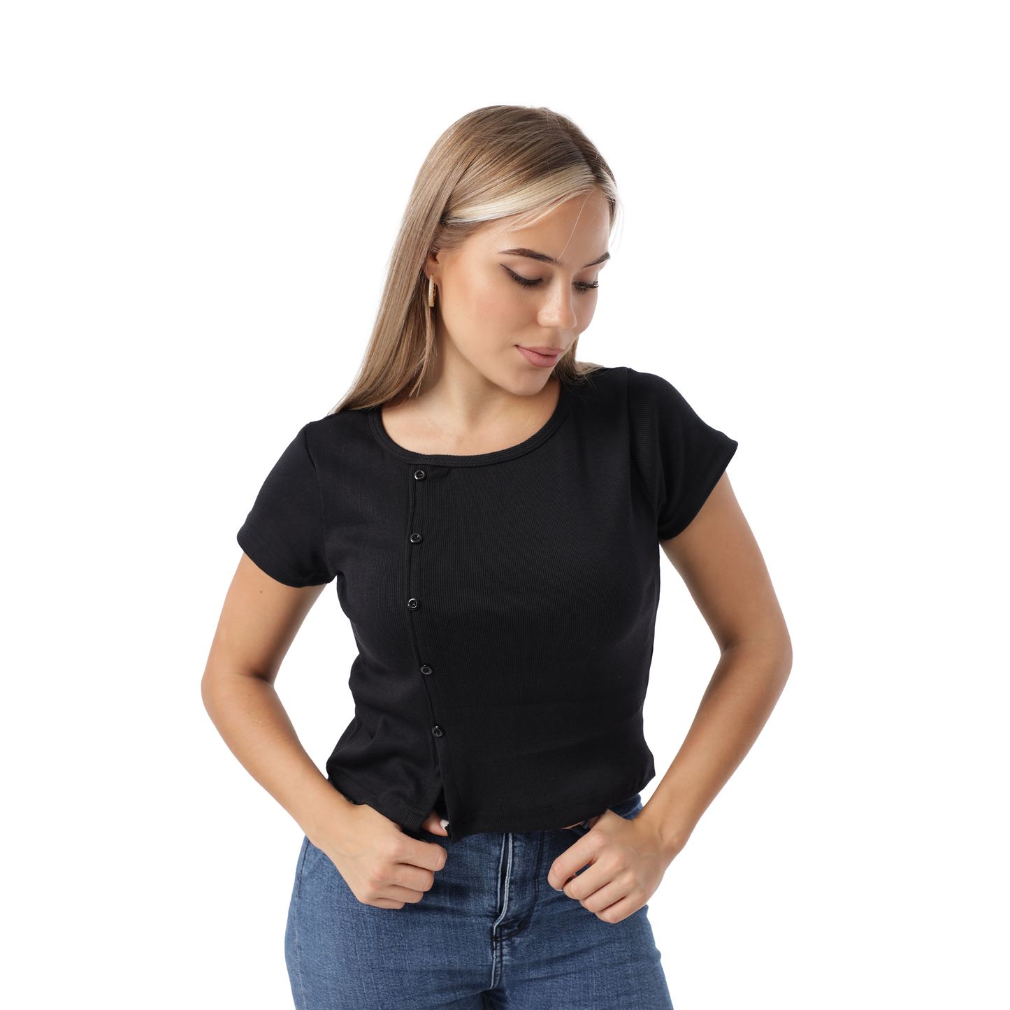 RIBBED TOP SIDE BUTTON SHORT SLEEVE