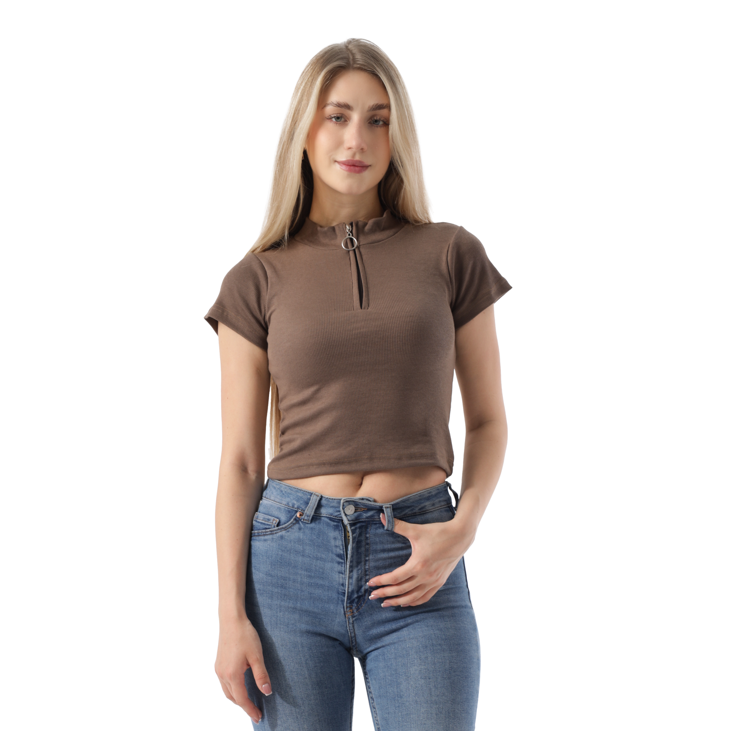 RIBBED ZIPPER TOP SHORT SLEEVE