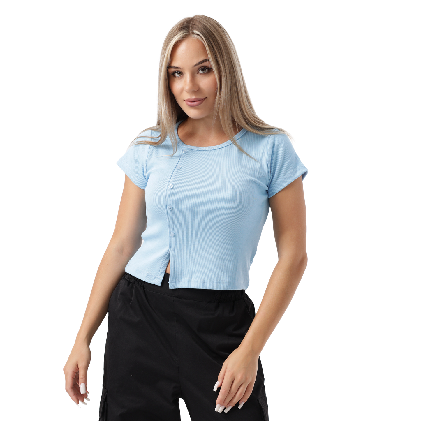 RIBBED TOP SIDE BUTTON SHORT SLEEVE