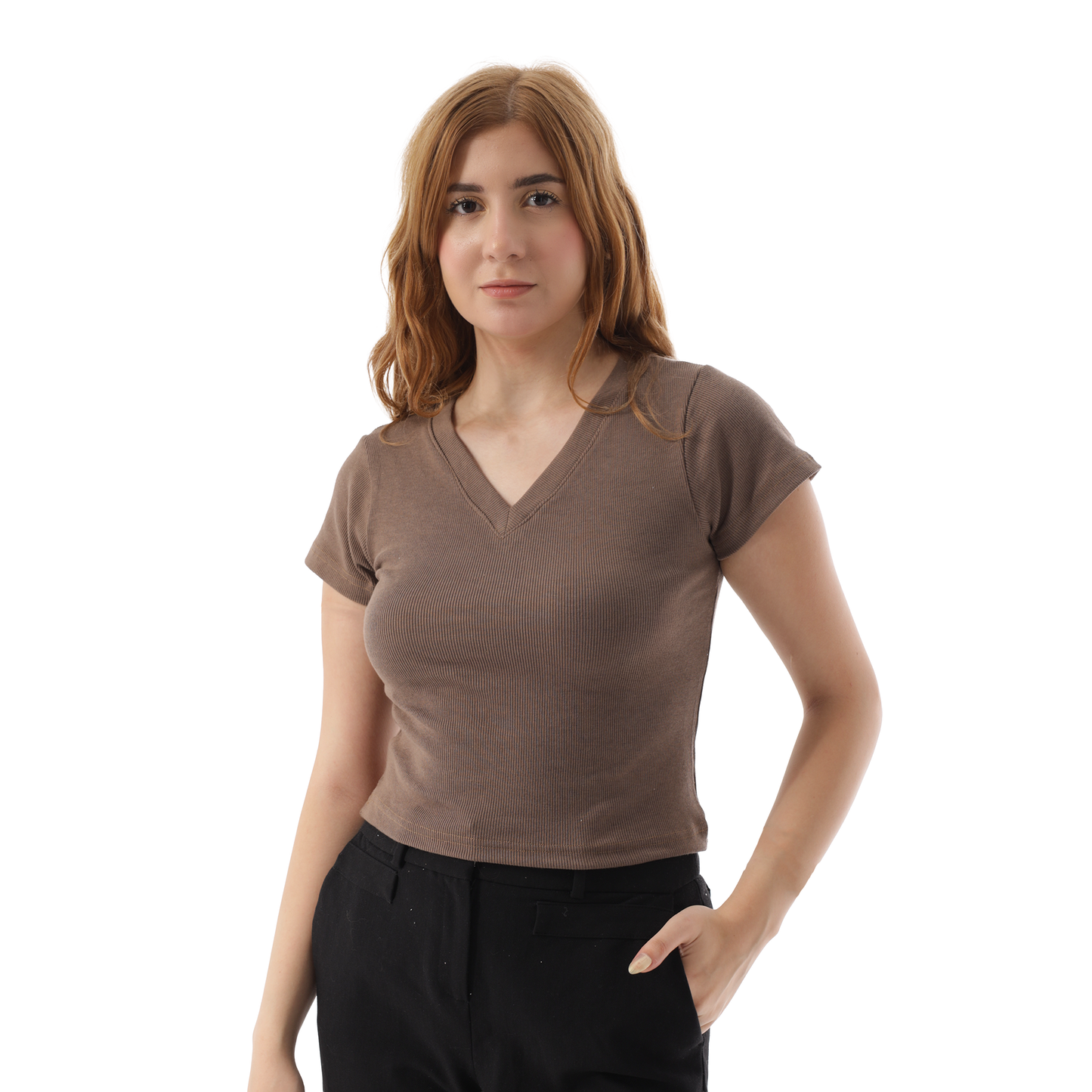 RIBBED V NECK SHORT SLEEVE