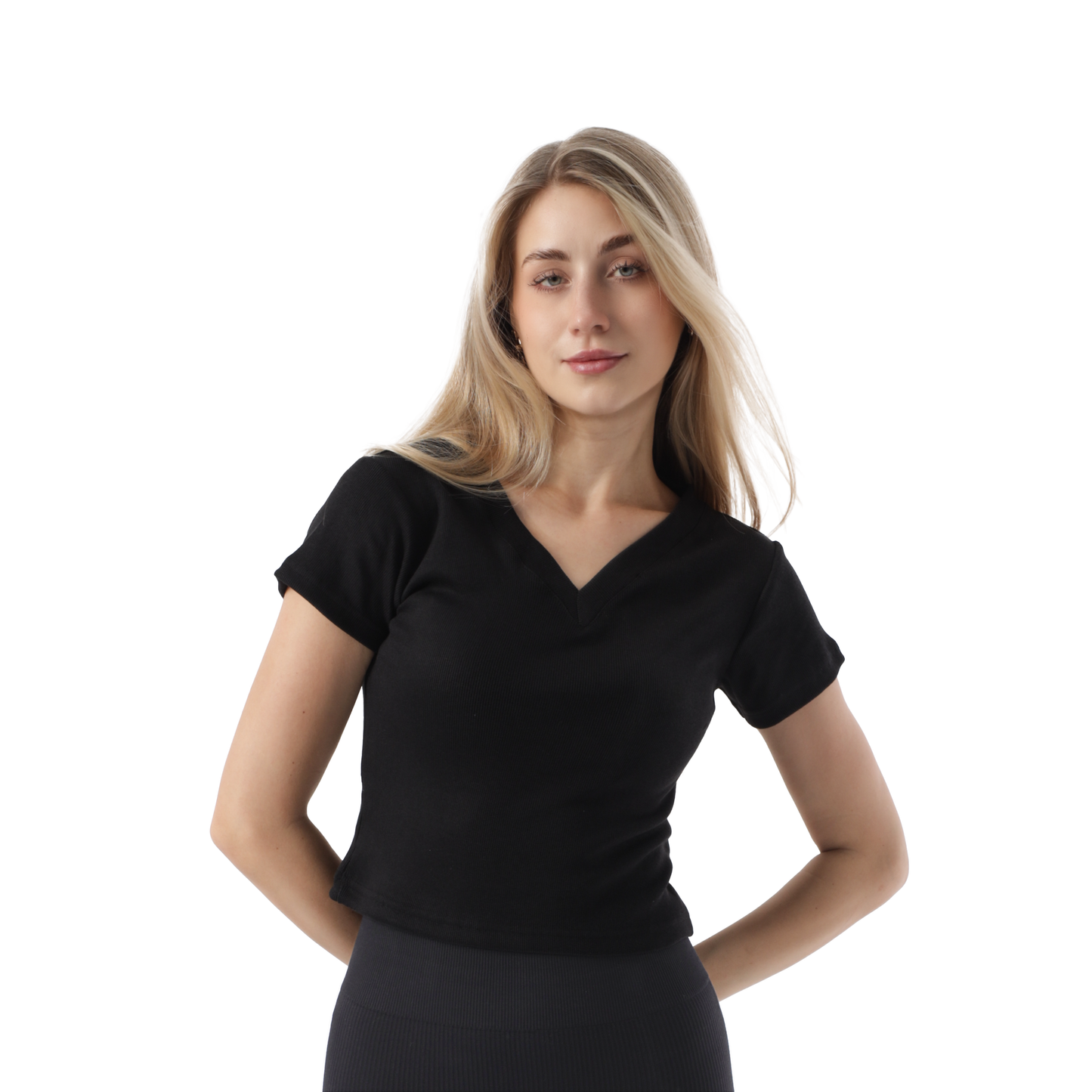 RIBBED V NECK SHORT SLEEVE