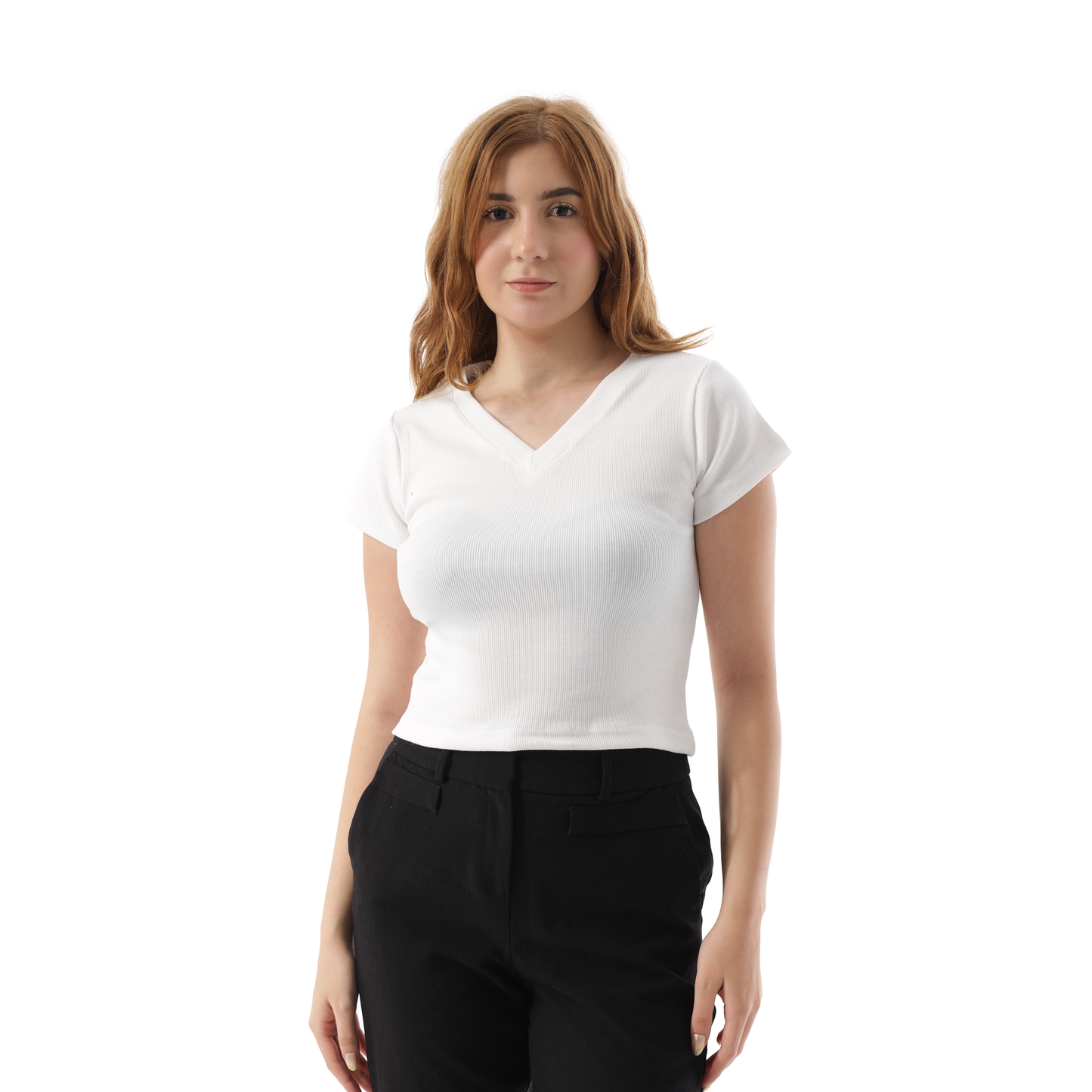 RIBBED V NECK SHORT SLEEVE