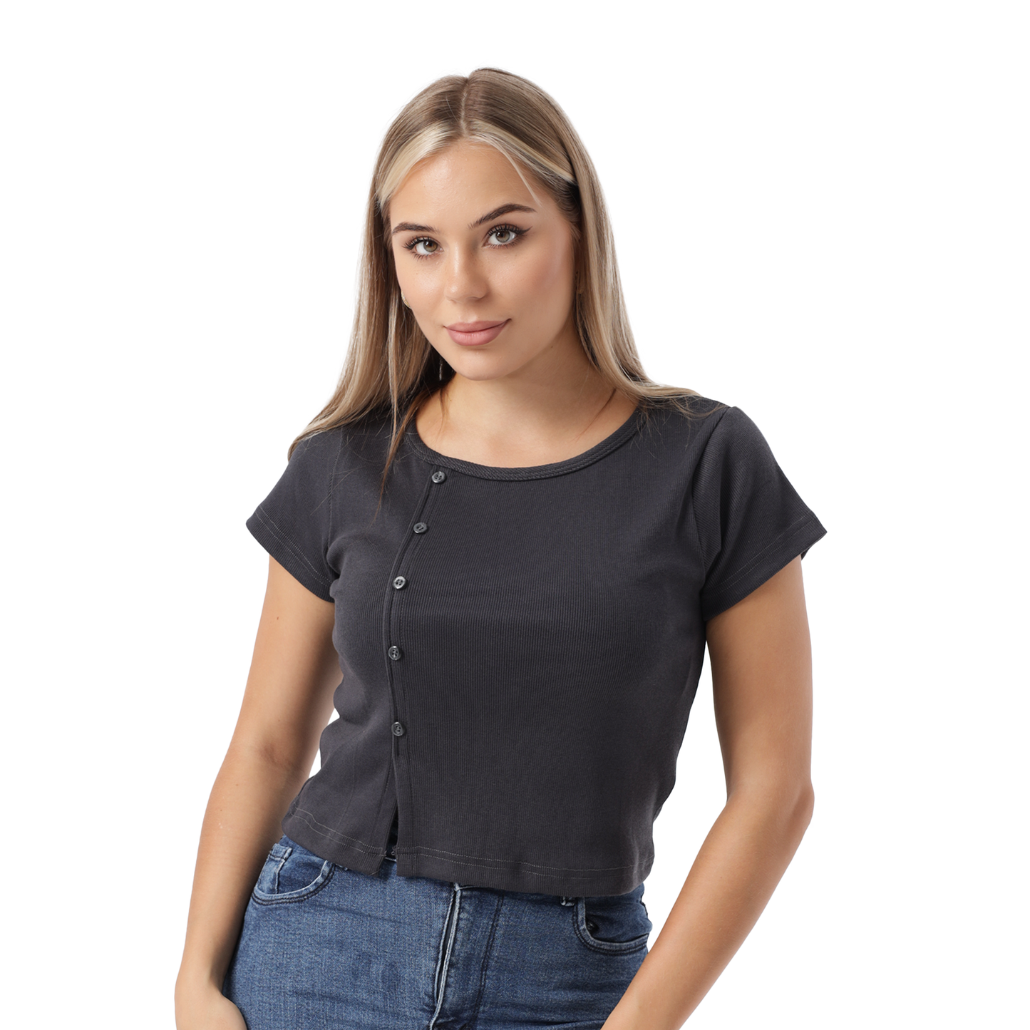 RIBBED TOP SIDE BUTTON SHORT SLEEVE