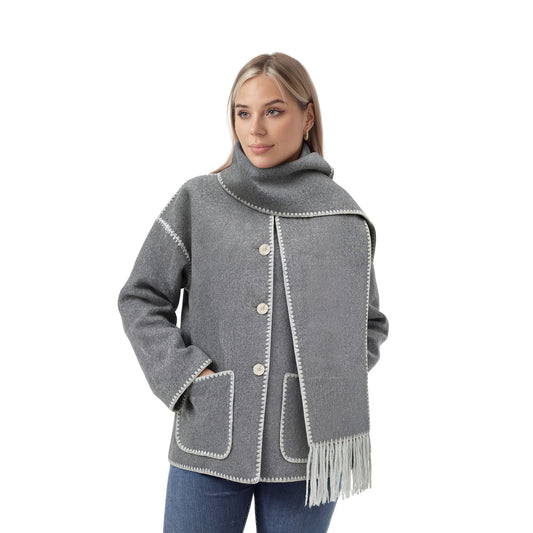 Fringe Scarf Coat Grey