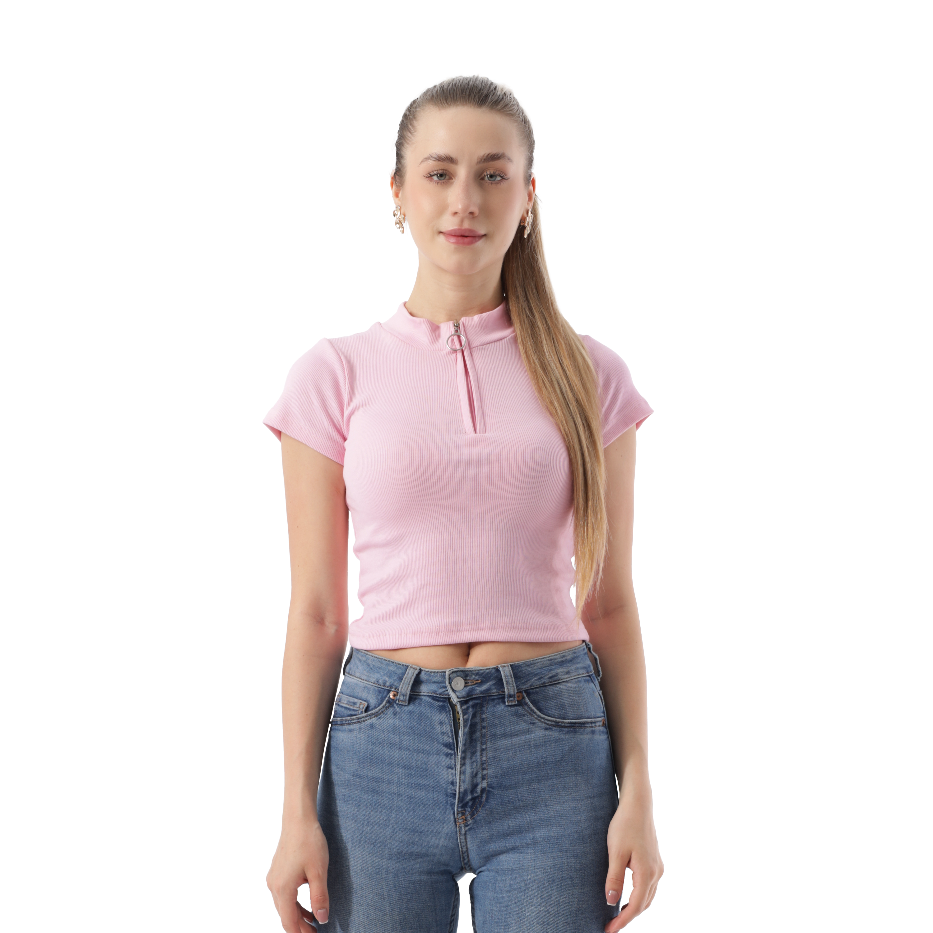 RIBBED ZIPPER TOP SHORT SLEEVE
