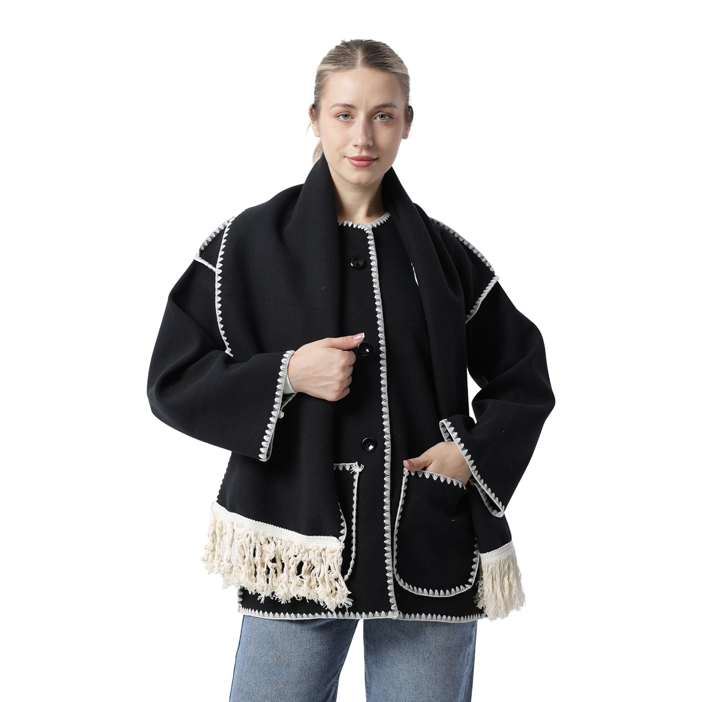 Fringe Scarf Coat Black