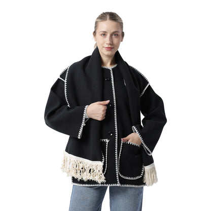 Fringe Scarf Coat Black