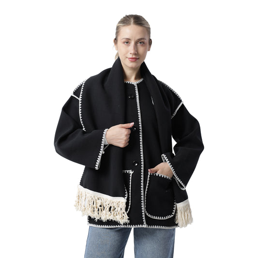 Fringe Scarf Coat Black