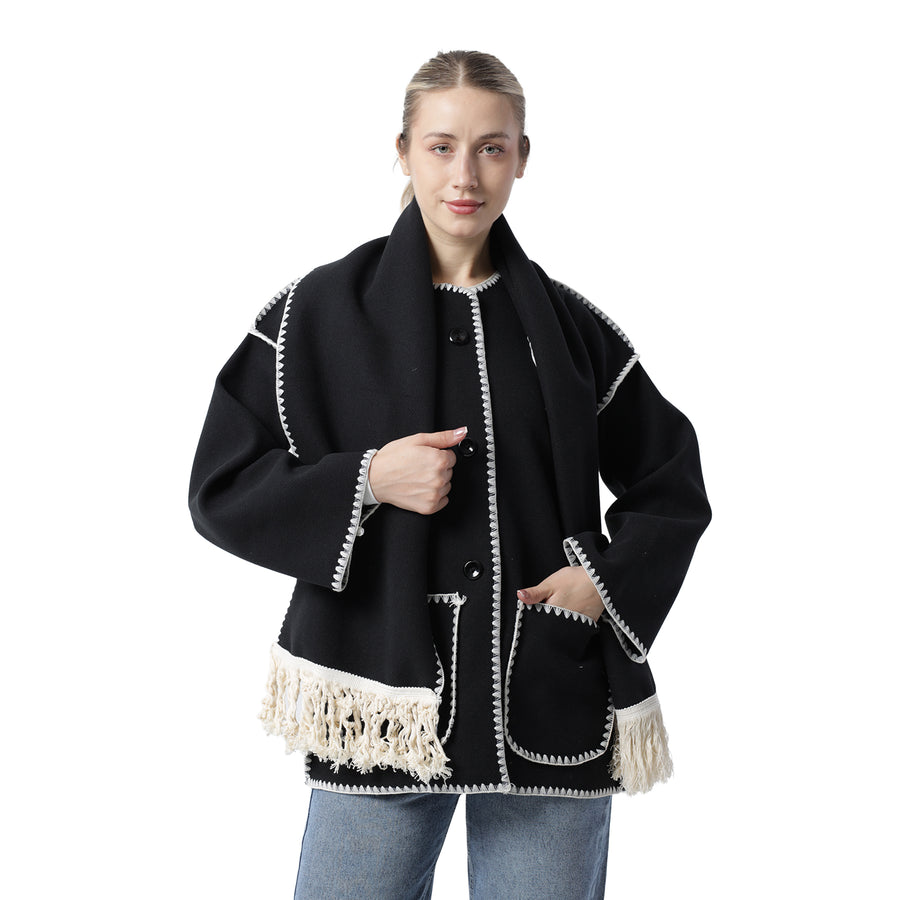 Fringe Scarf Coat Black