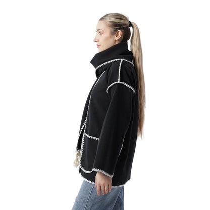 Fringe Scarf Coat Black