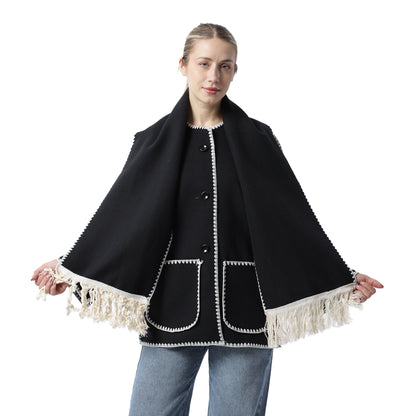 Fringe Scarf Coat Black