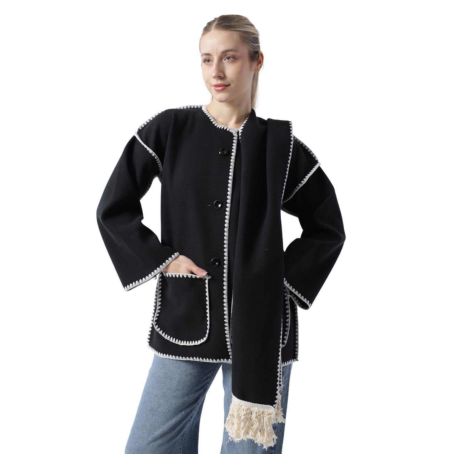 Fringe Scarf Coat Black