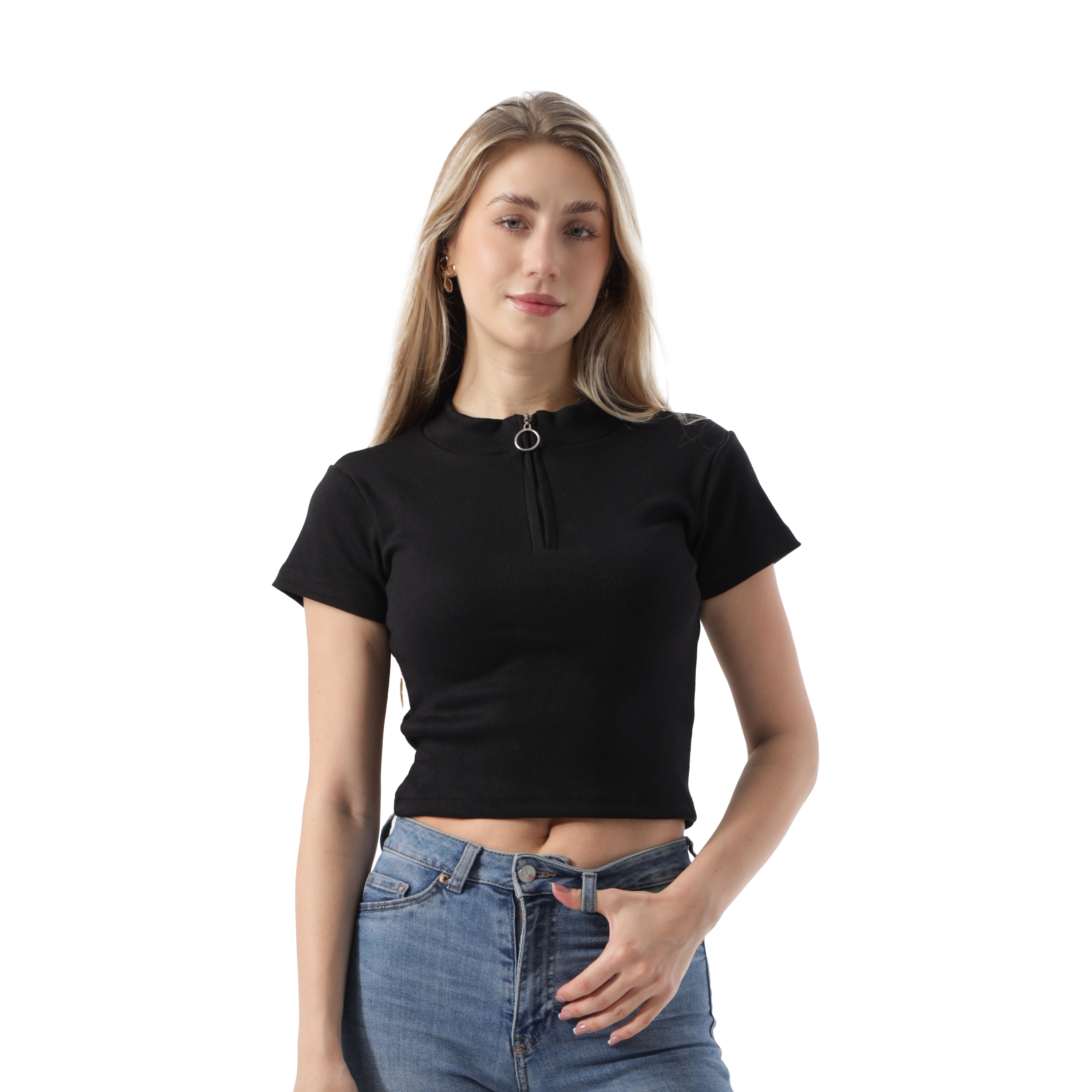 RIBBED ZIPPER TOP SHORT SLEEVE