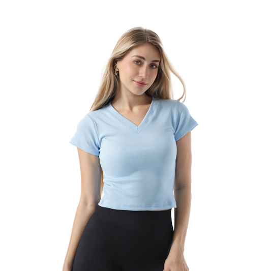 RIBBED V NECK SHORT SLEEVE