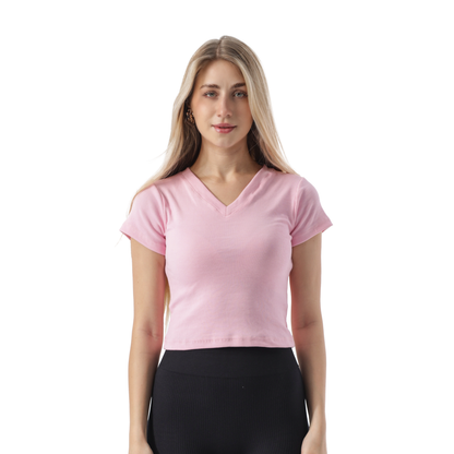 RIBBED V NECK SHORT SLEEVE