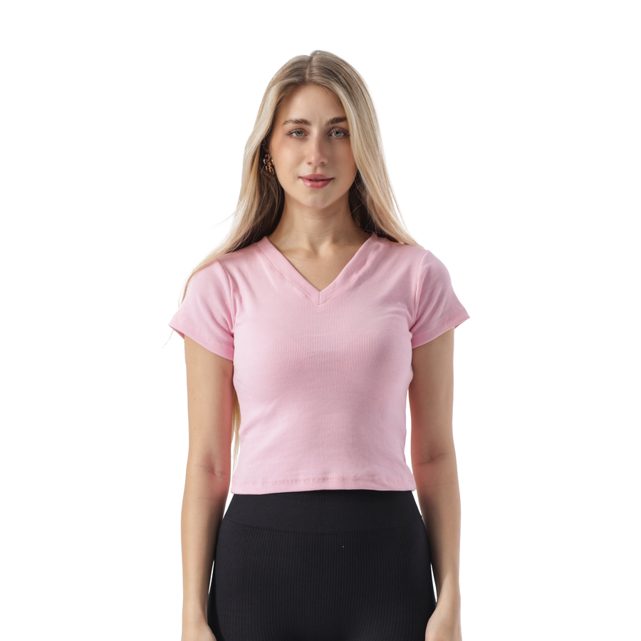 RIBBED V NECK SHORT SLEEVE