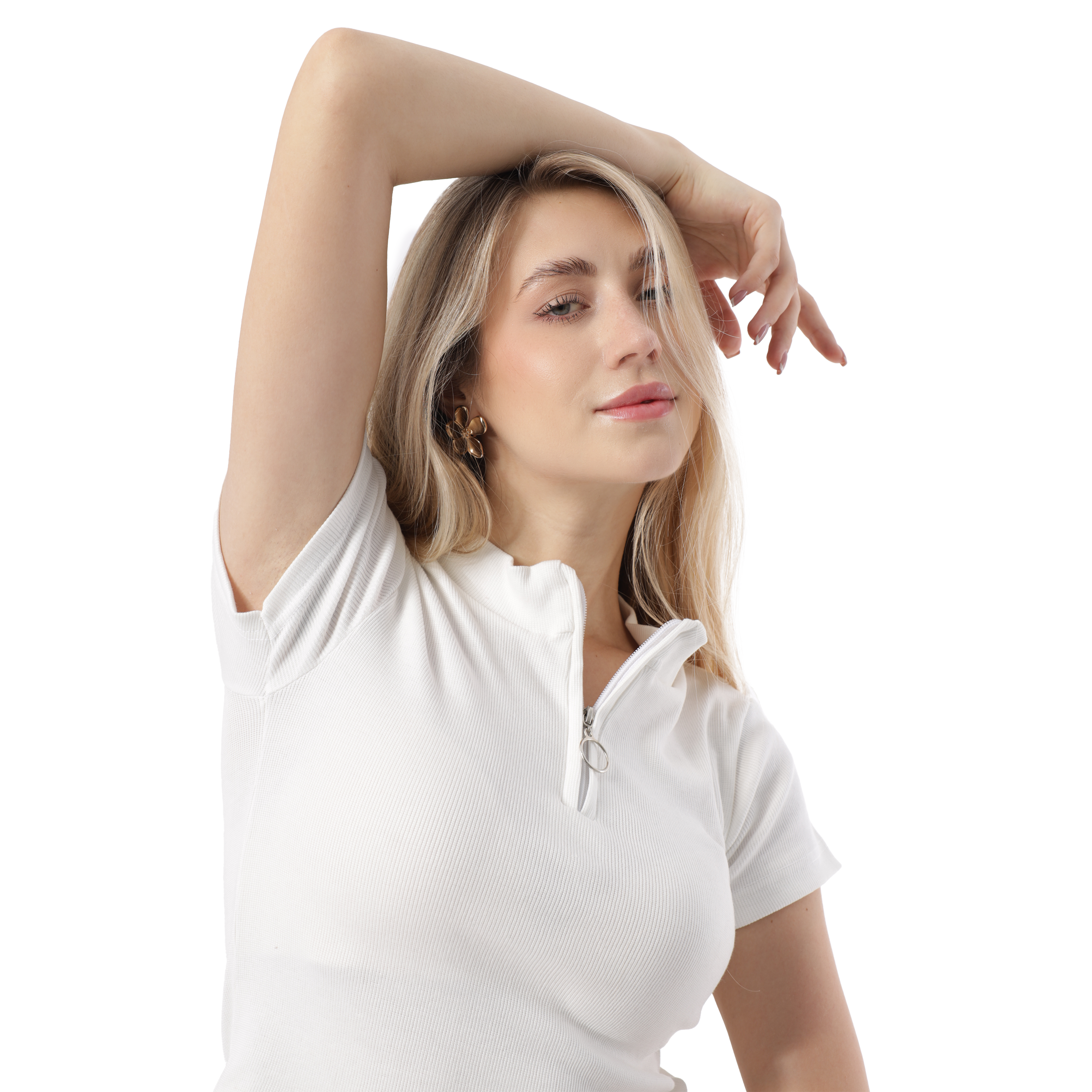 RIBBED ZIPPER TOP SHORT SLEEVE