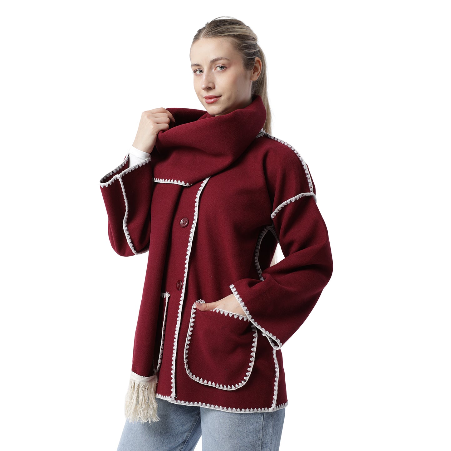 Fringe Scarf Coat Burgandy