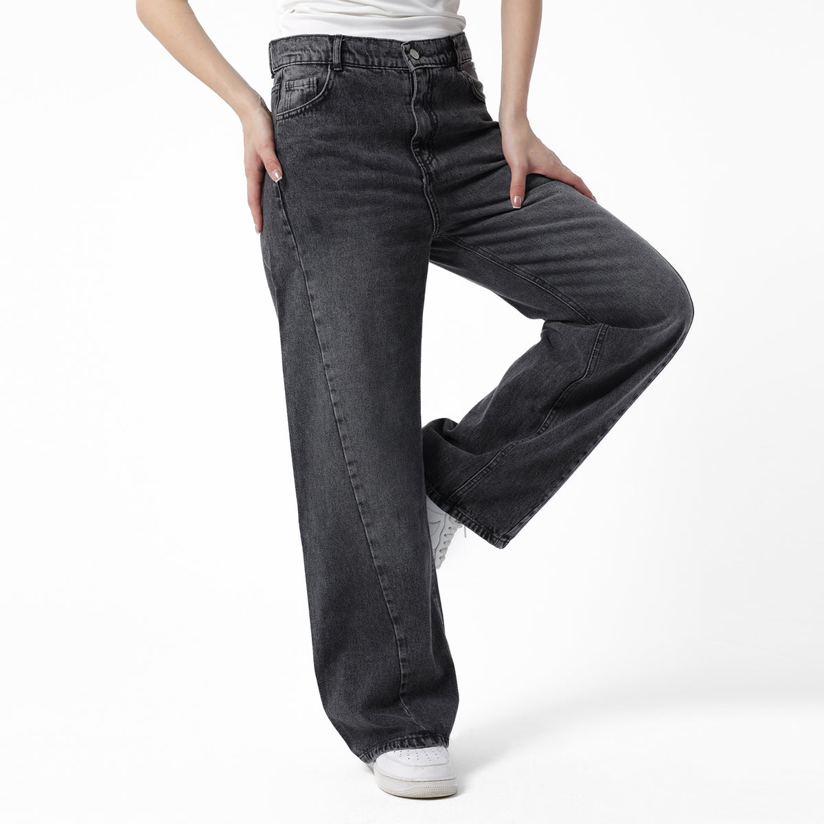 Lined-Wide-Leg Denim--Charcoal Black