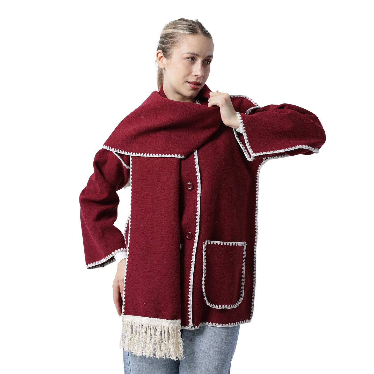 Fringe Scarf Coat Burgandy