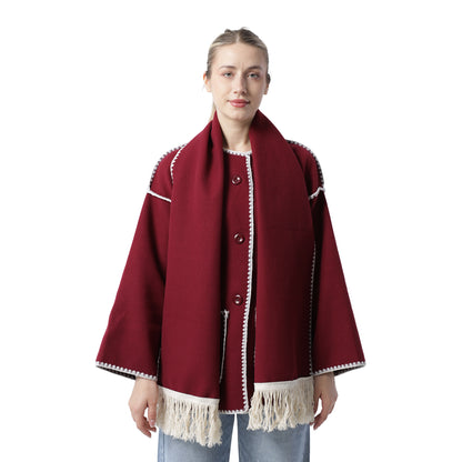 Fringe Scarf Coat Burgandy