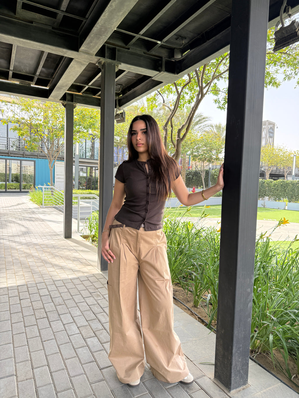Cargo Wide-Leg Pants - Beige Khaki