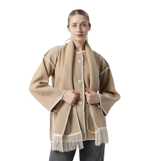 Fringe Scarf Coat Beige