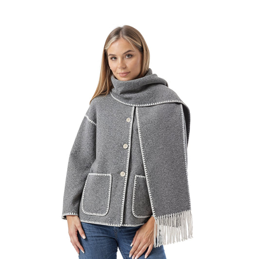 Fringe Scarf Coat Grey
